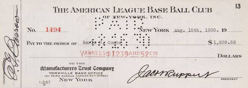 1990 Hall of Fame Autograph Bank Checks Earle Combs # Baseball Card