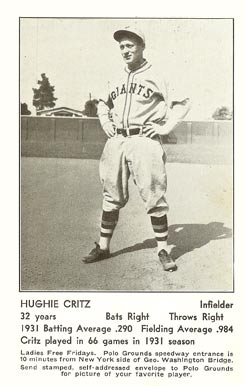 1932 N.Y. Giants Schedule Postcards Hugh Critz # Baseball Card
