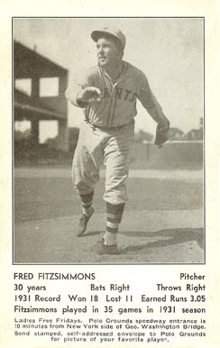 1932 N.Y. Giants Schedule Postcards Fred Fitzsimmons # Baseball Card