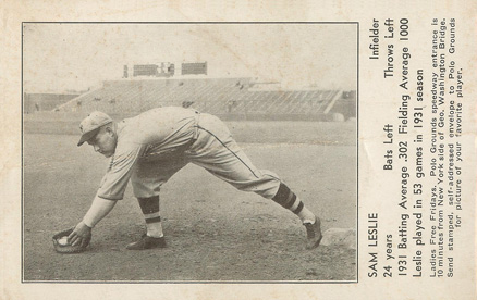 1932 N.Y. Giants Schedule Postcards Sam Leslie # Baseball Card
