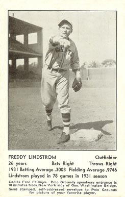 1932 N.Y. Giants Schedule Postcards Freddy Lindstrom # Baseball Card