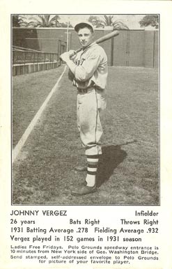 1932 N.Y. Giants Schedule Postcards Johnny Vergez # Baseball Card