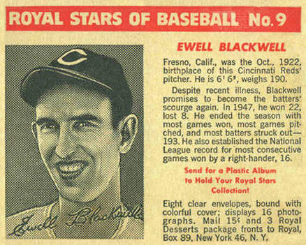 1950 Royal Desserts Ewell Blackwell #9 Baseball Card