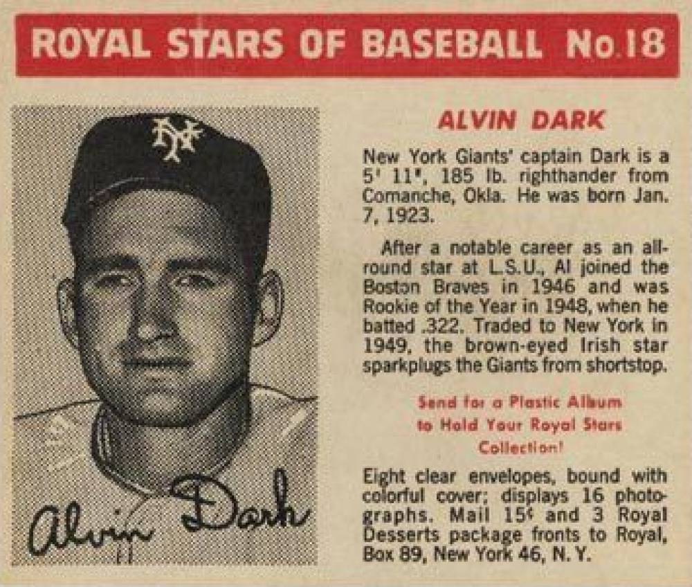 1950 Royal Desserts Alvin Dark #18 Baseball Card