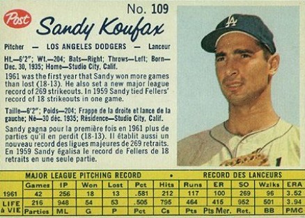 1962 Post Canadian Sandy Koufax #109 Baseball Card