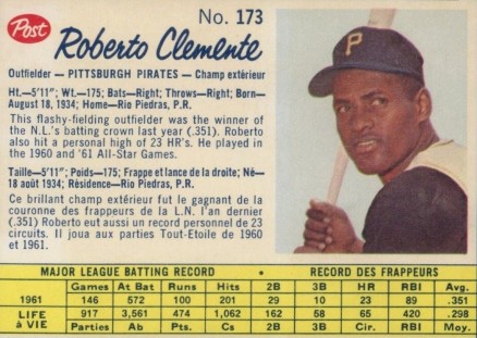 1962 Post Canadian Roberto Clemente #173 Baseball Card