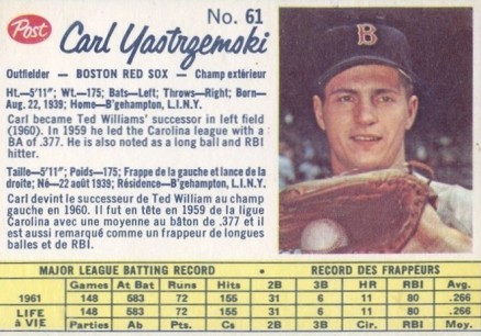 1962 Post Canadian Carl Yastrzemski #61 Baseball Card