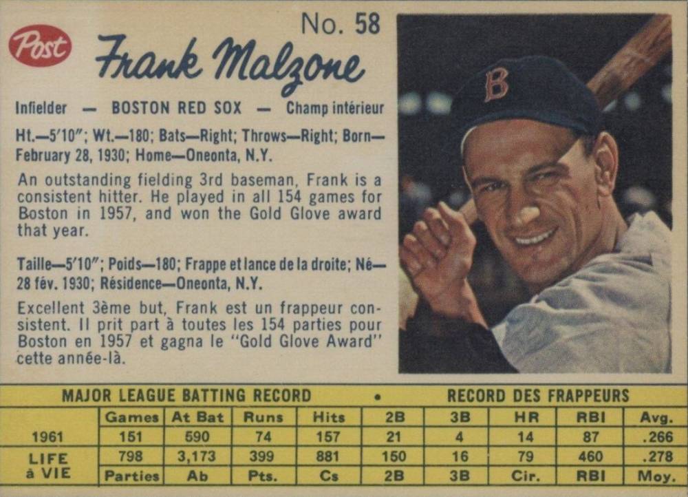 1962 Post Canadian Frank Malzone #58 Baseball Card