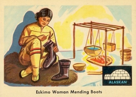 1959 Indian Trading Card Eskimo Women Mending Boots #74 Non-Sports Card
