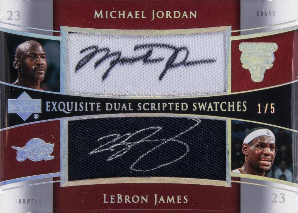 2004 Upper Deck Exquisite Collection Dual Scripted Swatches LeBron James/Michael Jordan #SS2JJ Basketball Card