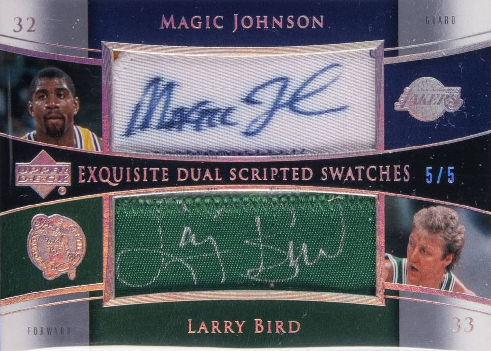 2004 Upper Deck Exquisite Collection Dual Scripted Swatches Magic Johnson/Larry Bird #SS2ML Basketball Card