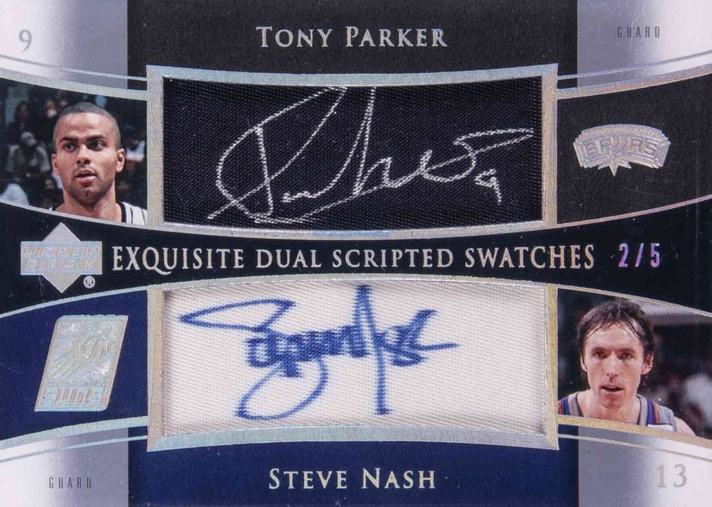 2004 Upper Deck Exquisite Collection Dual Scripted Swatches Tony Parker/Steve Nash #SS2PN Basketball Card