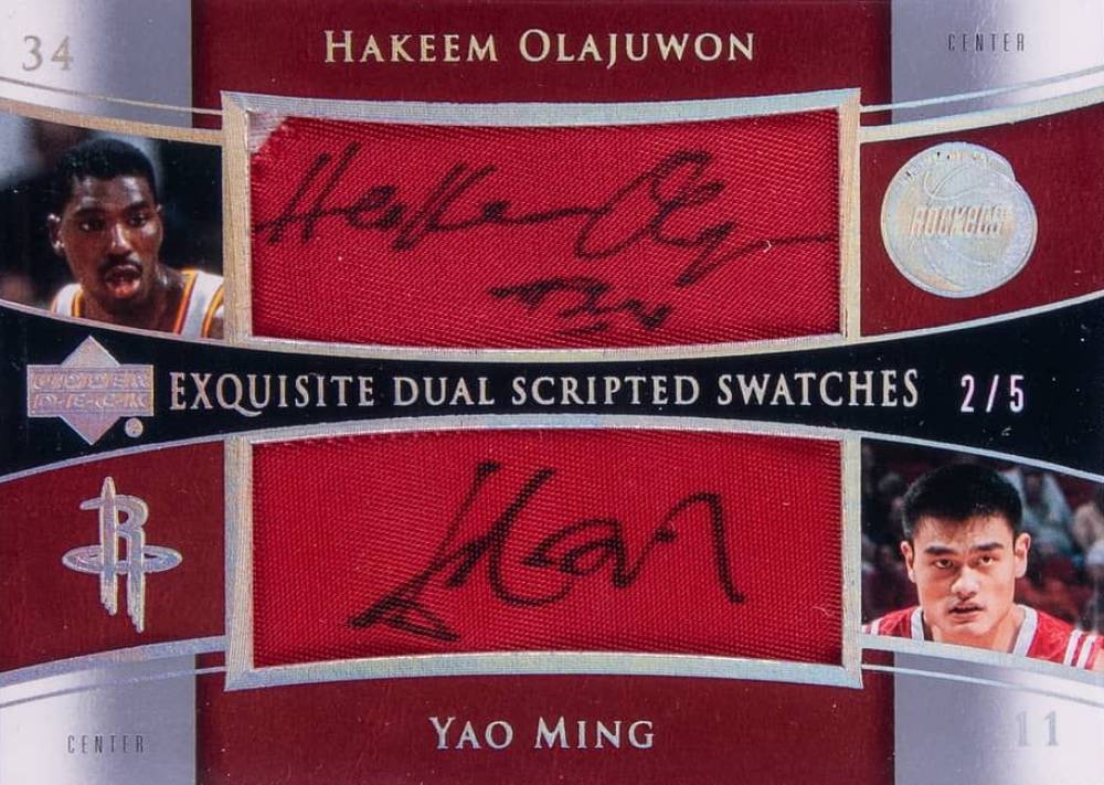 2004 Upper Deck Exquisite Collection Dual Scripted Swatches Hakeem Olajuwon/Yao Ming #SS2OY Basketball Card