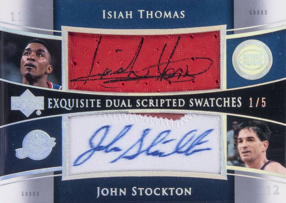 2004 Upper Deck Exquisite Collection Dual Scripted Swatches Isiah Thomas/John Stockton #SS2TS Basketball Card