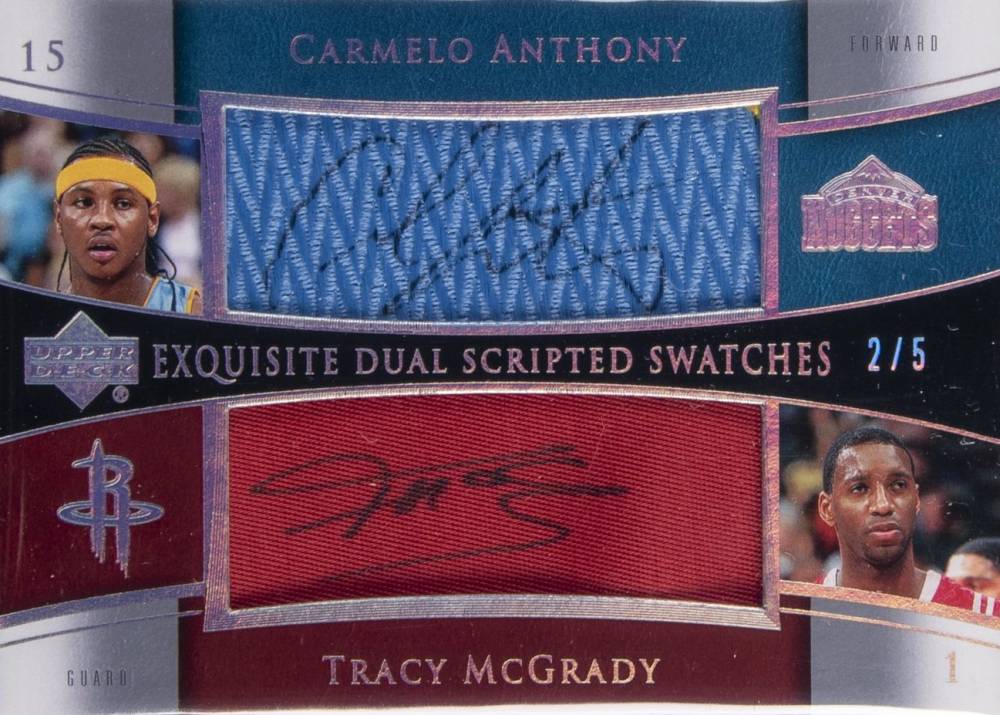 2004 Upper Deck Exquisite Collection Dual Scripted Swatches Carmelo Anthony/Tracy McGrady #SS2AM Basketball Card