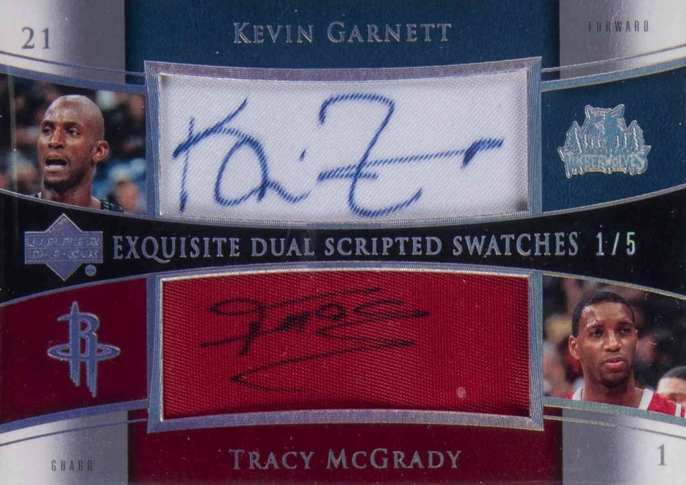 2004 Upper Deck Exquisite Collection Dual Scripted Swatches Kevin Garnett/Tracy McGrady #SS2GM Basketball Card