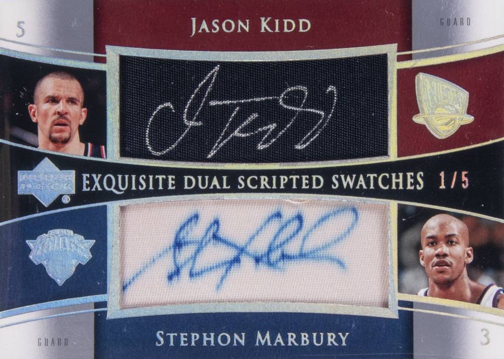 2004 Upper Deck Exquisite Collection Dual Scripted Swatches Jason Kidd/Stephon Marbury #SS2KM Basketball Card