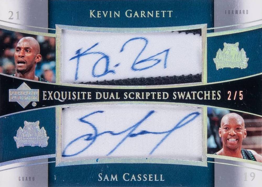 2004 Upper Deck Exquisite Collection Dual Scripted Swatches Kevin Garnett/Sam Cassell #SS2GC Basketball Card