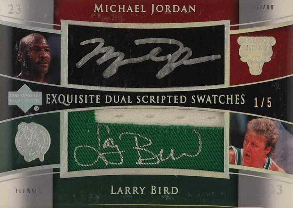 2004 Upper Deck Exquisite Collection Dual Scripted Swatches Michael Jordan/Larry Bird #SS2JL Basketball Card
