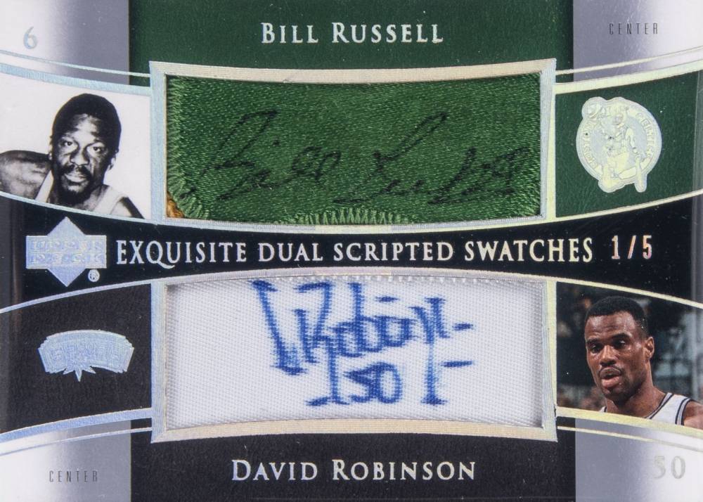 2004 Upper Deck Exquisite Collection Dual Scripted Swatches Bill Russell/David Robinson #SS2RR Basketball Card