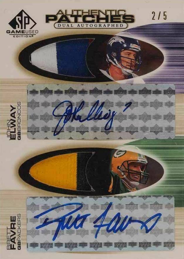 2004 SP Game Used Authentic Patches Dual John Elway/Brett Favre #EF Football Card