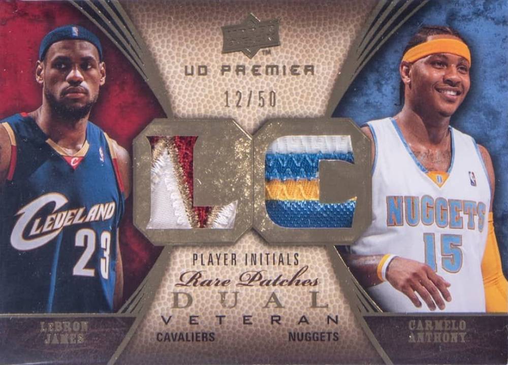 2008  Upper Deck Premier Rare Patch Dual Carmelo Anthony/LeBron James #RP2AW Basketball Card