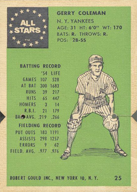 1955 Robert Gould All Stars Gerry Coleman #25 Baseball Card