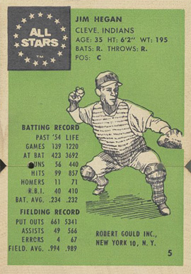 1955 Robert Gould All Stars Jim Hegan #5 Baseball Card