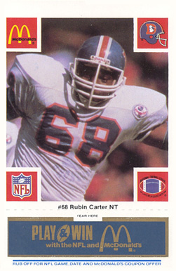 1986 McDonald's Broncos Rubin Carter #68 Football Card