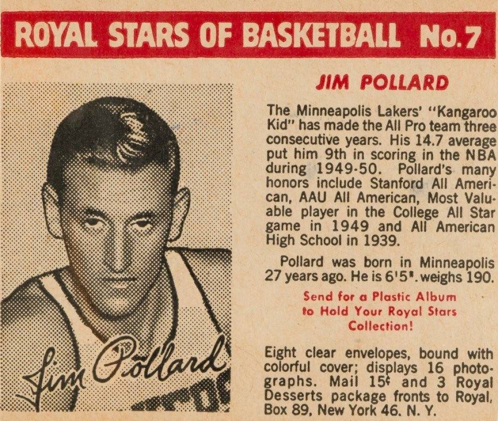 1952 Royal Desserts Jim Pollard #7 Basketball Card