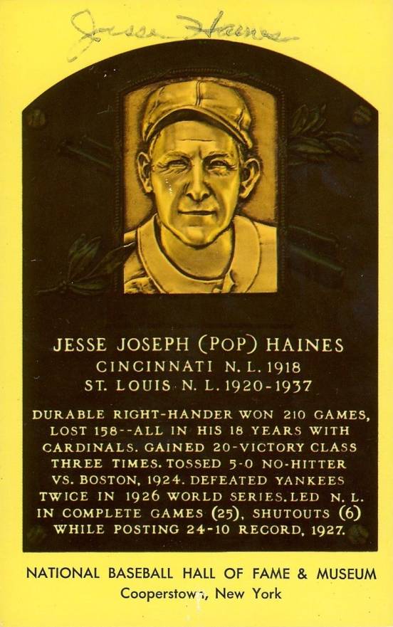 1990 Autograph Yellow HOF Plaque Jesse Haines # Baseball Card