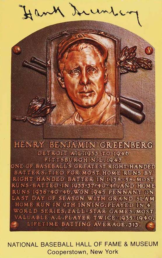 1990 Autograph Yellow HOF Plaque Hank Greenberg # Baseball Card