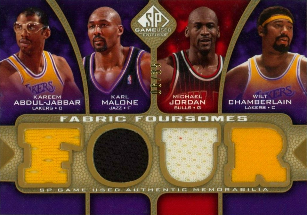 2009 SP Game Used Fabric Foursome Kareem Abdul-Jabbar/Karl Malone/Michael Jordan/Wilt Chamberlain #JMCA Basketball Card