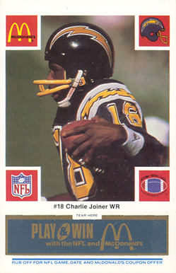 1986 McDonald's Chargers Charlie Joiner #18 Football Card
