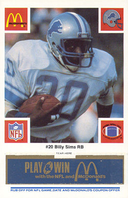 1986 McDonald's Lions Billy Sims #20 Football Card