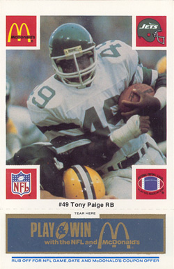 1986 McDonald's Jets Tony Paige #49 Football Card