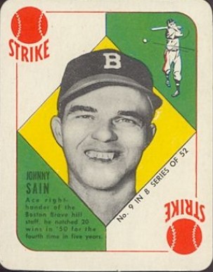 1951 Topps Blue Backs Johnny Sain #9 Baseball Card