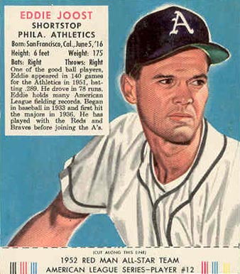 1952 Red Man Tobacco Eddie Joost #12a Baseball Card