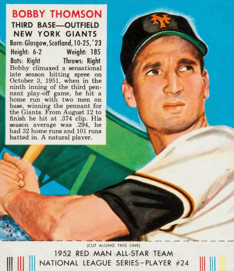 1952 Red Man Tobacco Bobby Thomson #24 Baseball Card
