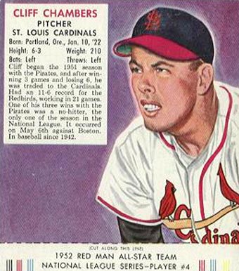 1952 Red Man Tobacco Cliff Chambers #4 Baseball Card