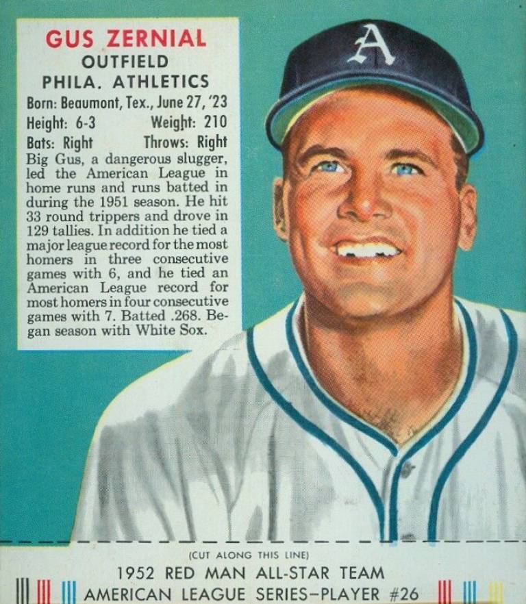 1952 Red Man Tobacco Gus Zernial #26a Baseball Card