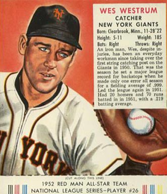 1952 Red Man Tobacco Wes Westrum #26n Baseball Card