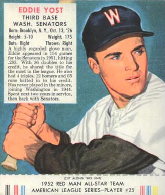 1952 Red Man Tobacco Eddie Yost #25a Baseball Card