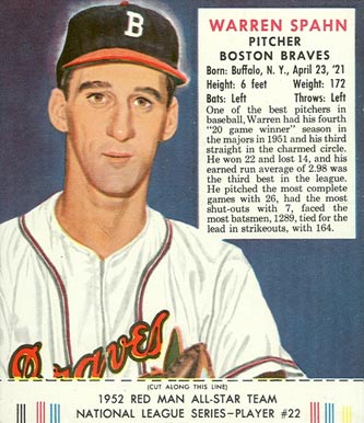 1952 Red Man Tobacco Warren Spahn #22n Baseball Card