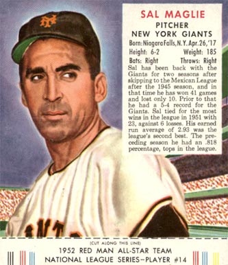 1952 Red Man Tobacco Sal Maglie #14n Baseball Card