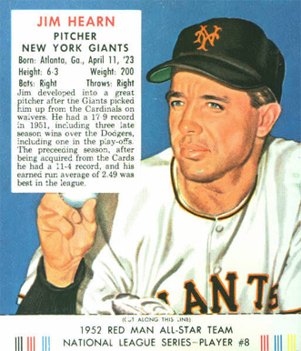 1952 Red Man Tobacco Jim Hearn #8 Baseball Card