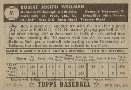 1952 Topps Bob Wellman #41b Baseball Card