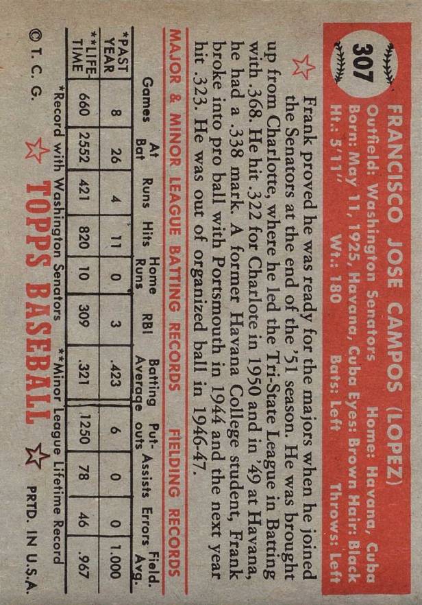 1952 Topps Frank Campos #307bs Baseball Card