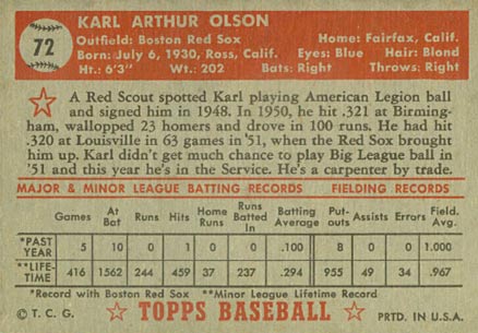 1952 Topps Karl Olson #72 Baseball Card