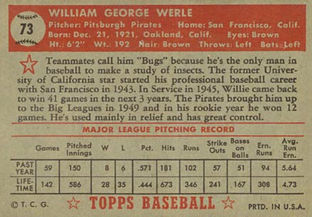 1952 Topps William Werle #73 Baseball Card